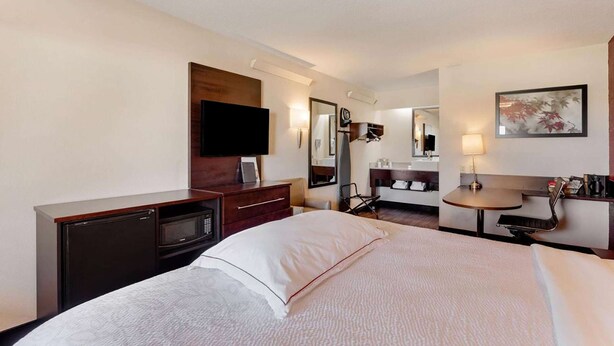 Una habitación de hotel con cama, escritorio, silla, kitchenette pequeña y televisor.