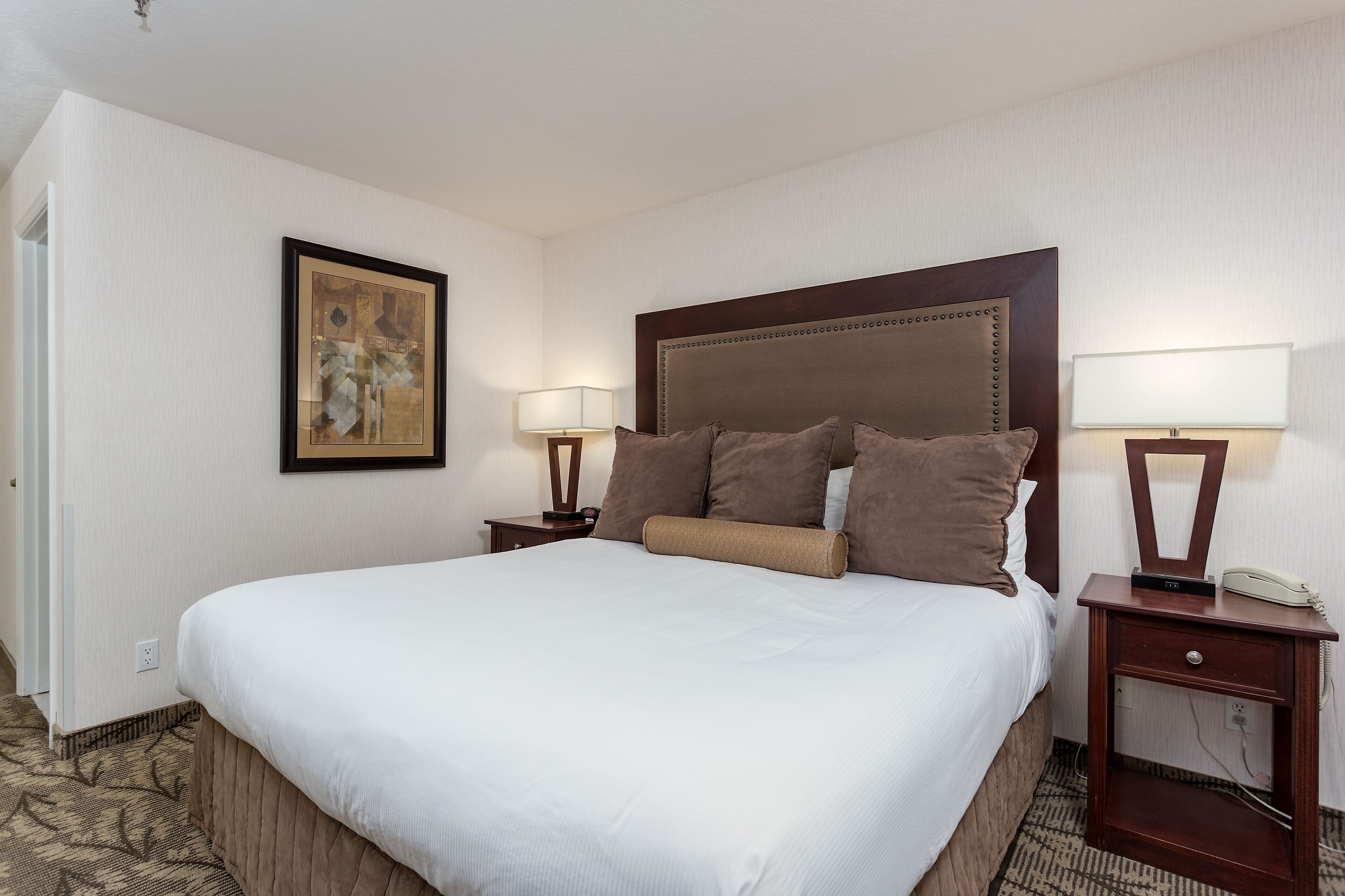 Down comforters, desk, blackout drapes, iron/ironing board