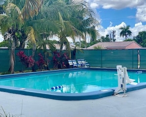 A swimming pool with a blue edge, surrounded by a green fence, palm trees, and red plants. - Hollywood Gateway Inn (Hollywood)