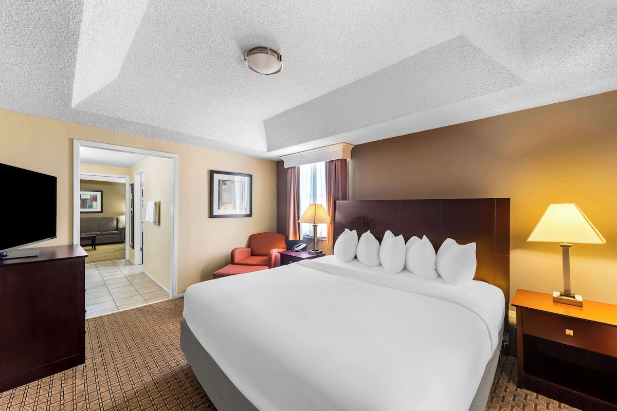 Ein Hotelzimmer mit einem großen Bett, einem Fernseher, einem Schreibtisch und einer Lampe.