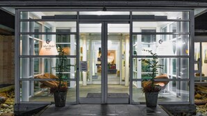A modern hotel entrance with glass doors and potted plants. - Color Hotel Skagen (Skagen)
