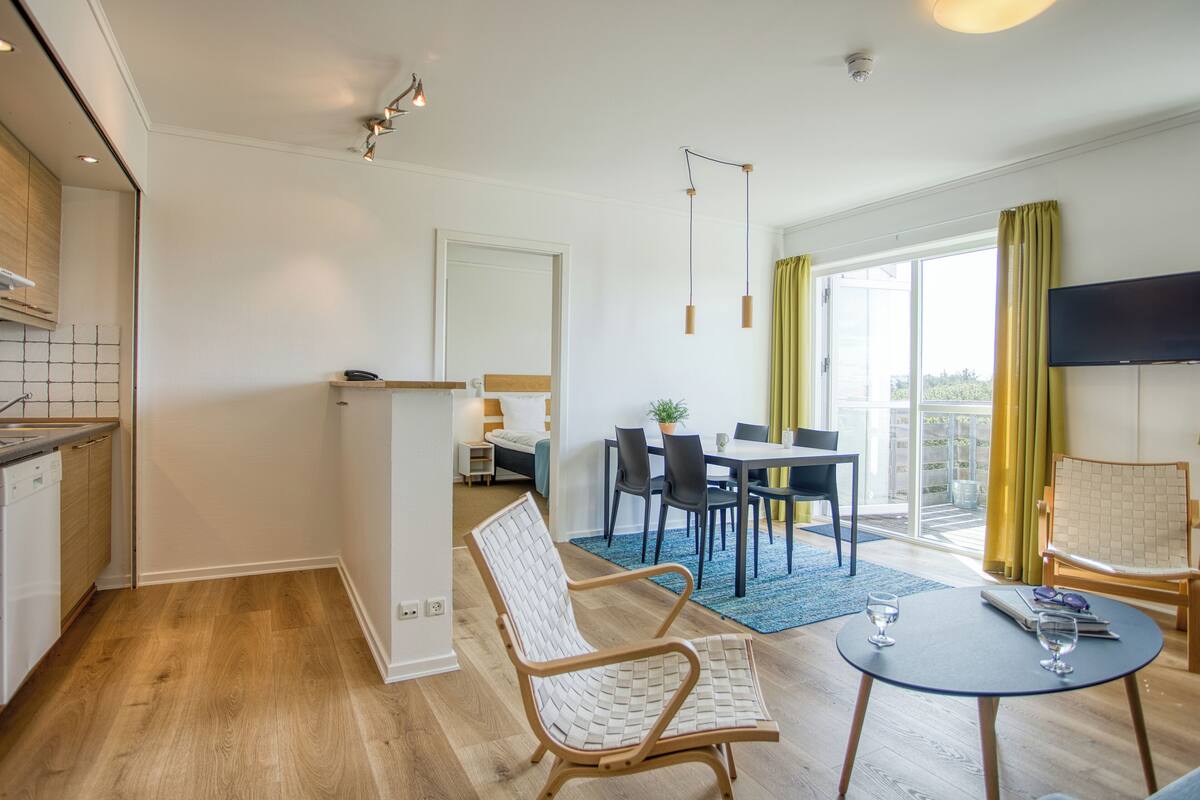 A modern apartment with a kitchen, dining area, and living room. It features a large window, a flat-screen TV, and a balcony with a view.