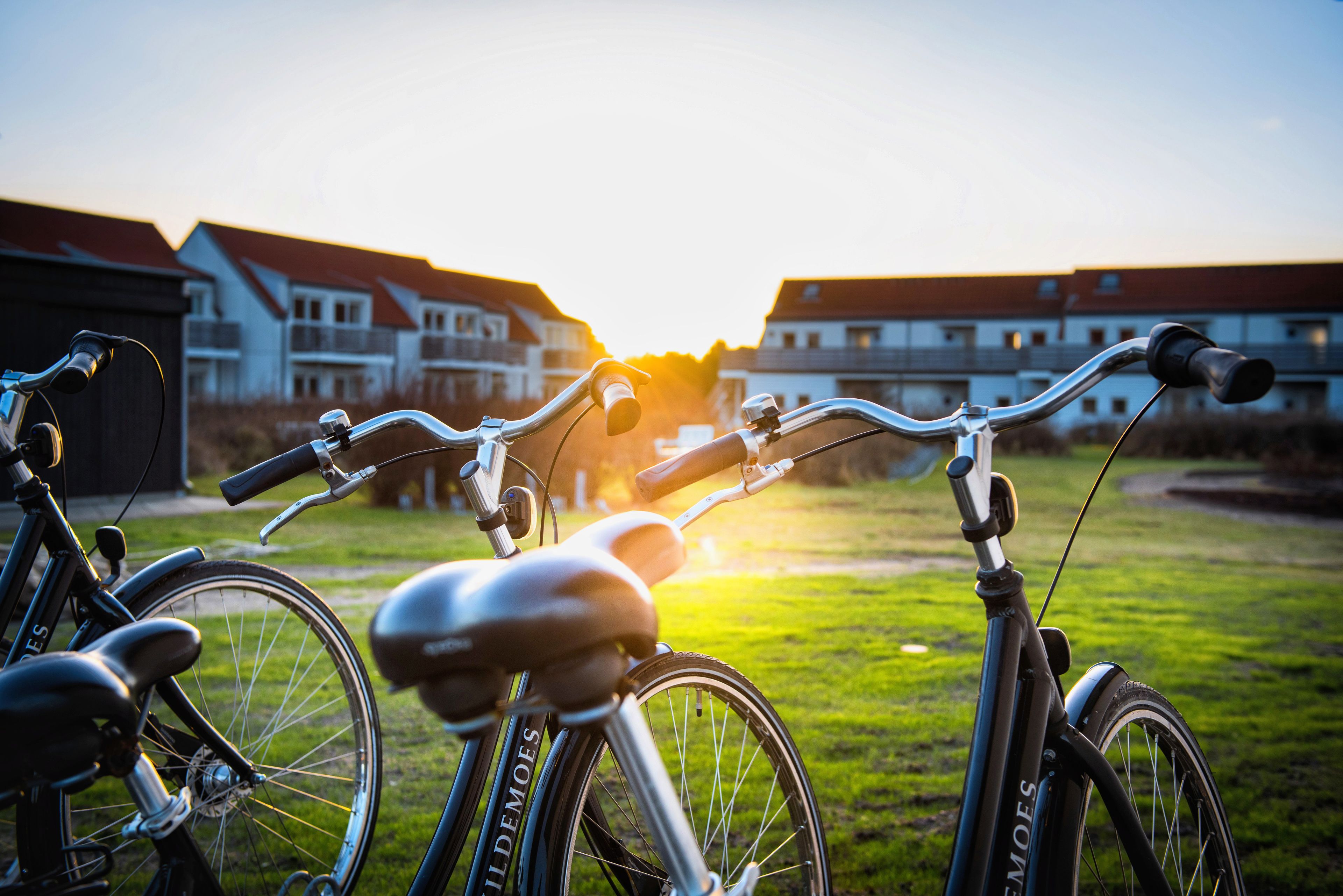 A bicycle parked on a grassy area with a residential building in the background.