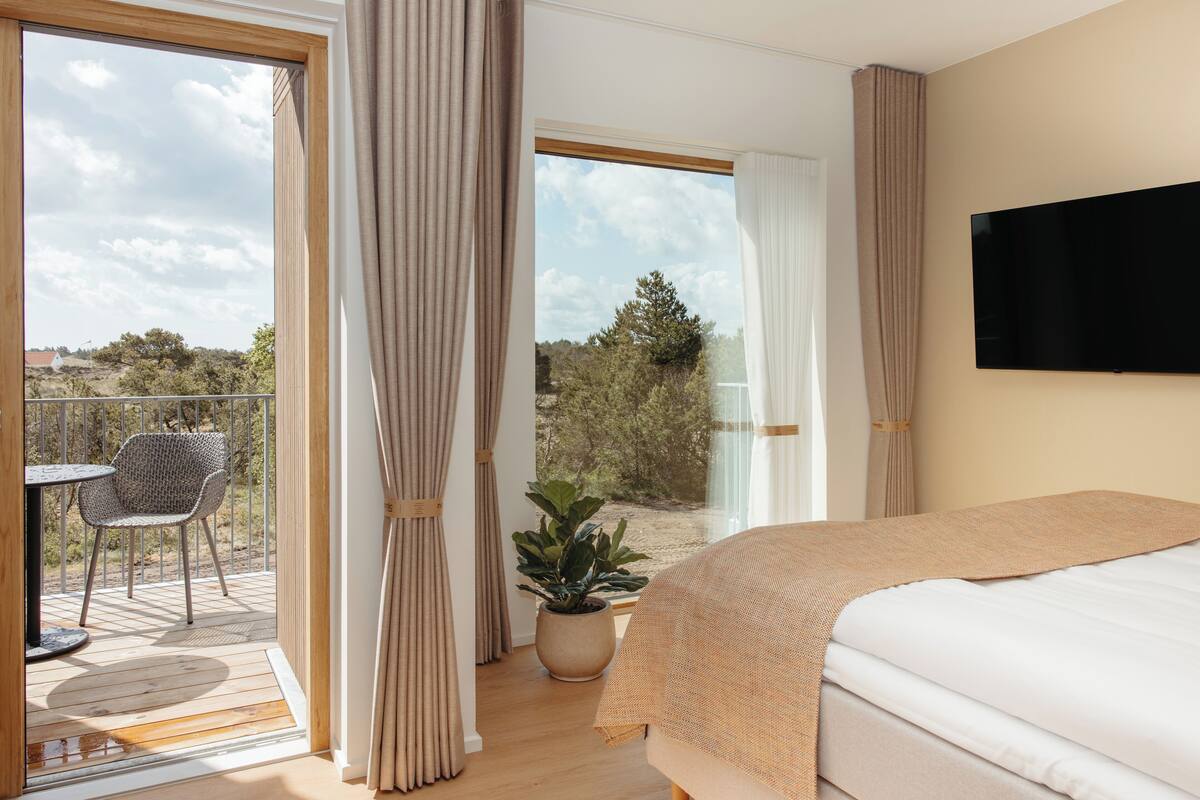 A bedroom with a bed, a TV, a balcony with a chair, and a potted plant.