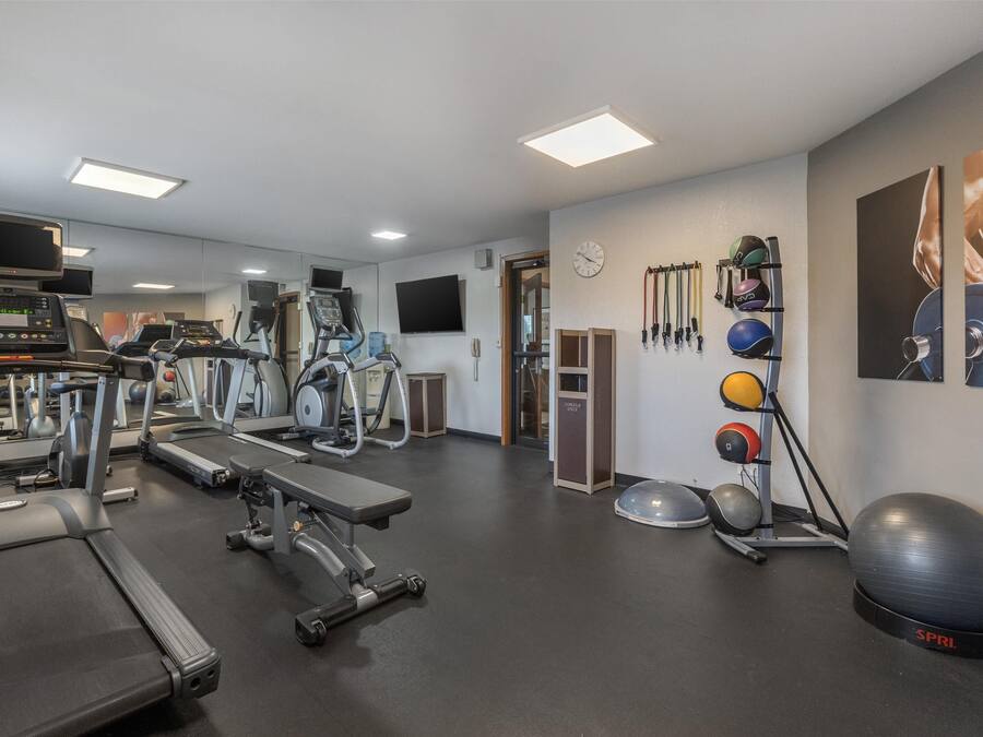 A gym with treadmills, elliptical machines, and various exercise equipment.