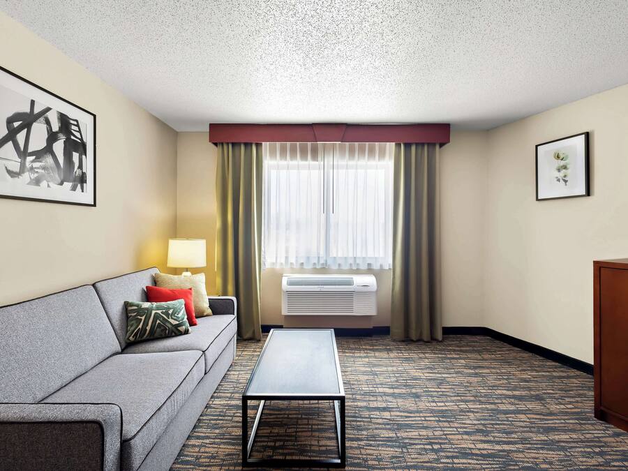 A hotel room with a grey sofa, a small table, a TV, and a window with curtains.