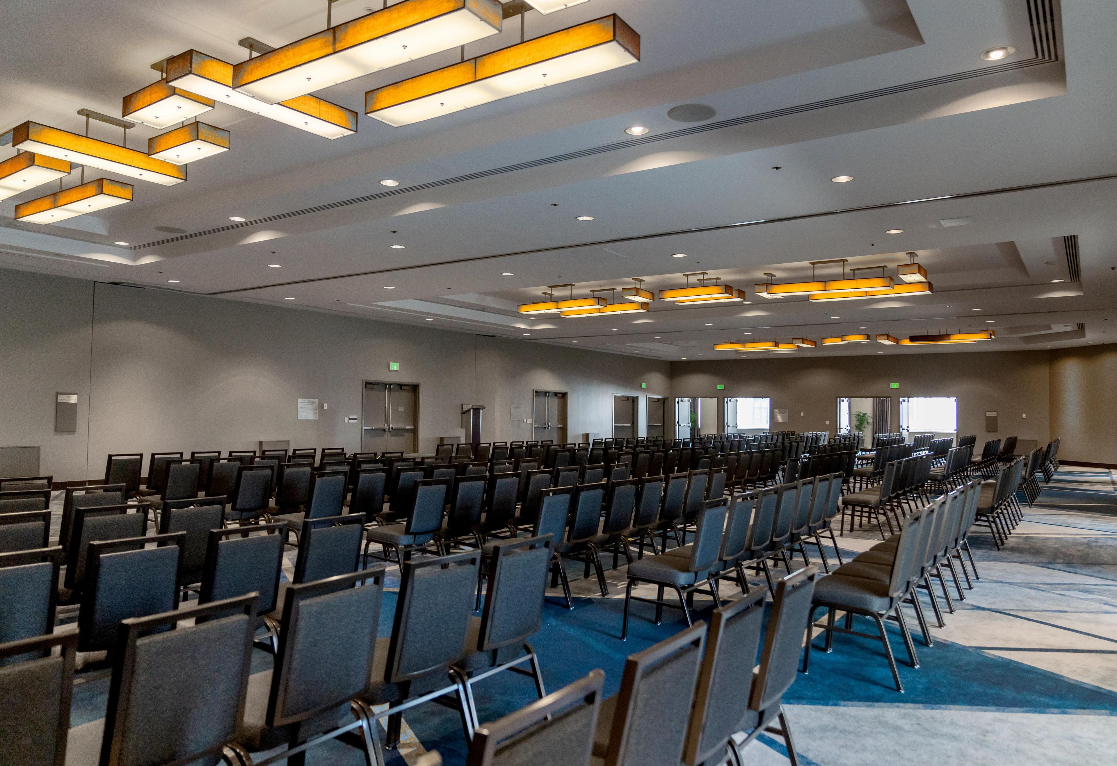 A conference room with rows of chairs, a blue carpet, and modern ceiling lighting.