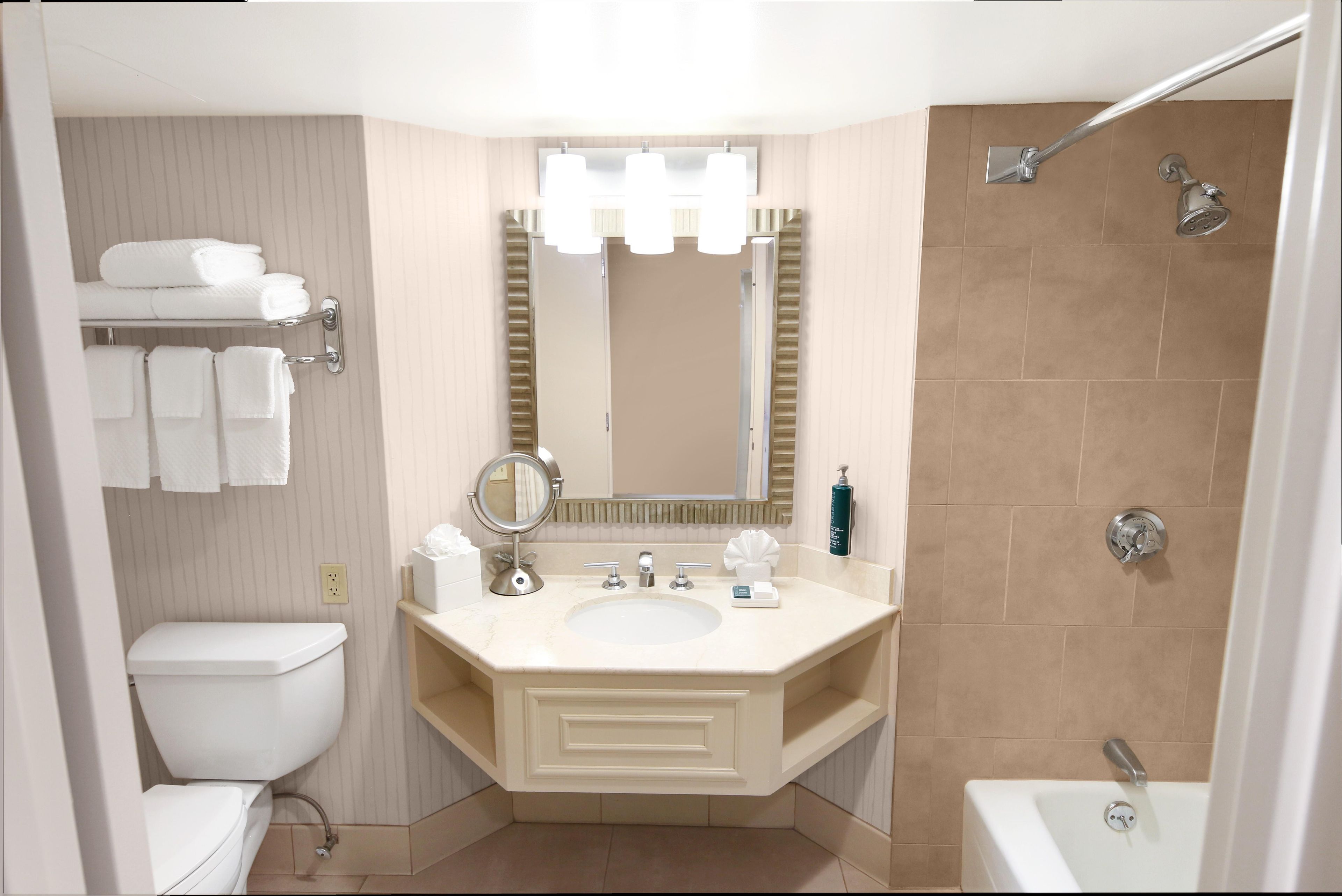 A bathroom with a toilet, sink, mirror, and shower.