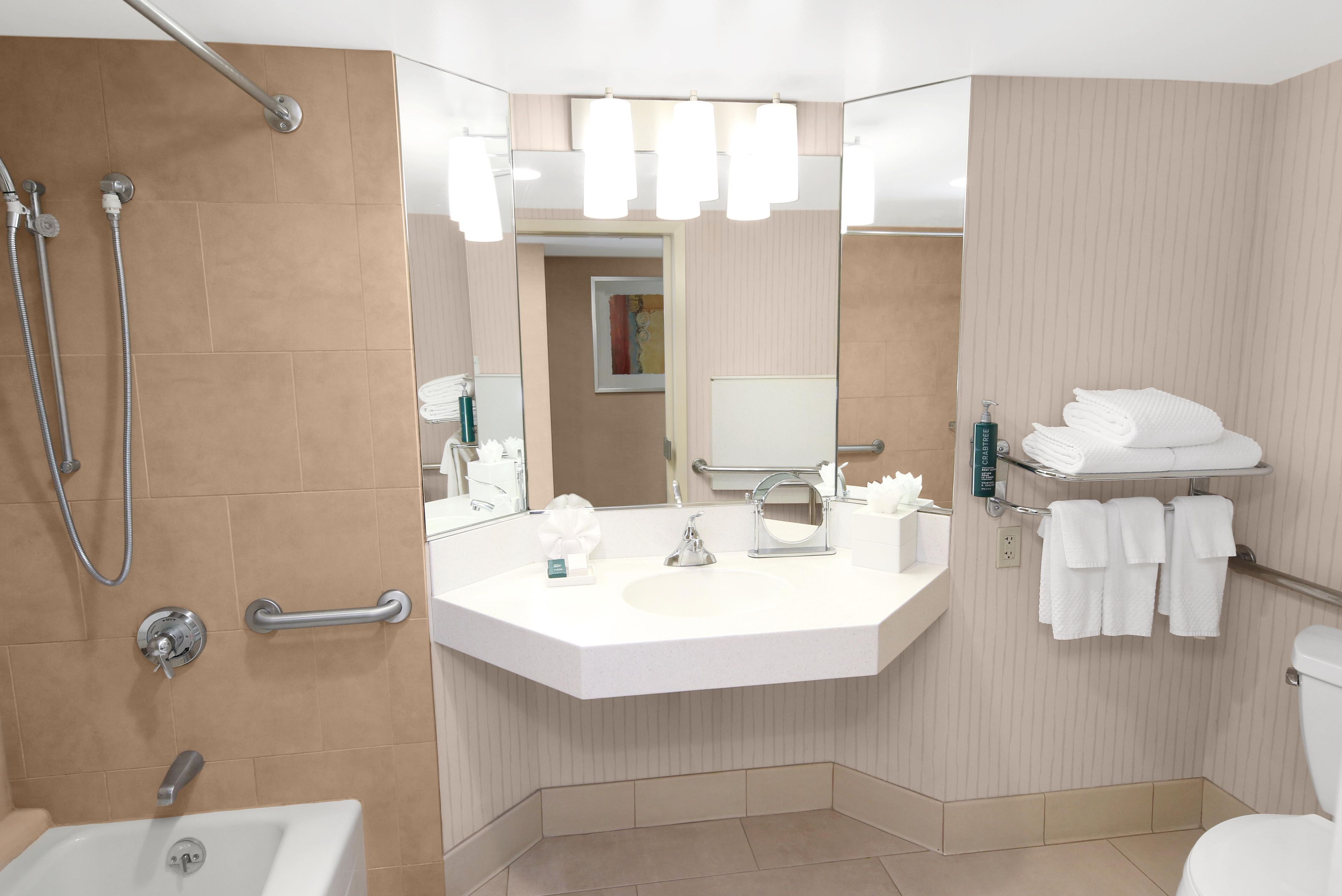 A modern bathroom with a shower, a sink with a mirror, and a toilet.