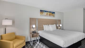 Una habitación de hotel con cama, una silla, una mesita de noche y un cuadro en la pared.