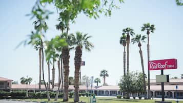 A Red Roof Inn with a clear view of the building's architecture and surrounding palm trees.