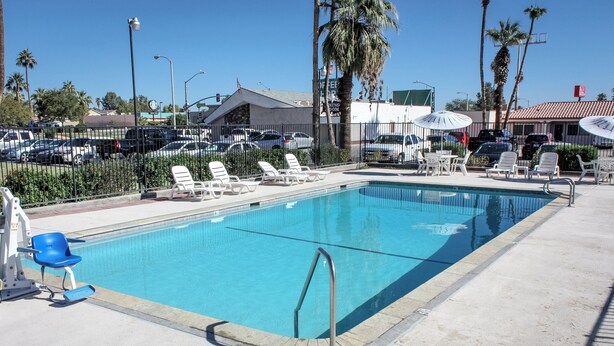 Une piscine entourée d’une clôture et de palmiers, avec des chaises longues et des parasols.