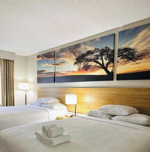 Desk, laptop workspace, blackout curtains, free WiFi