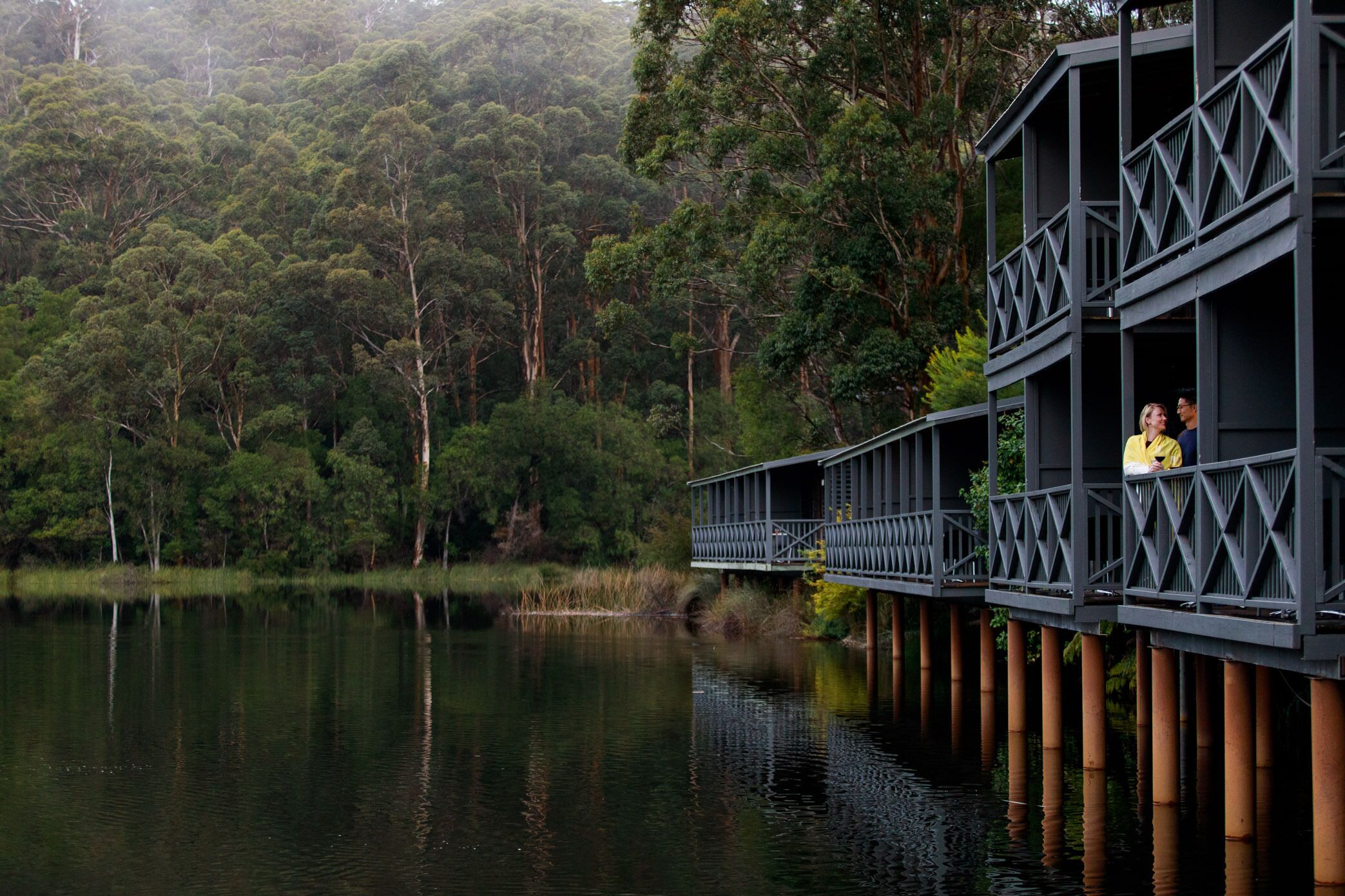 A wooden deck extending over a lake, surrounded by dense forest.