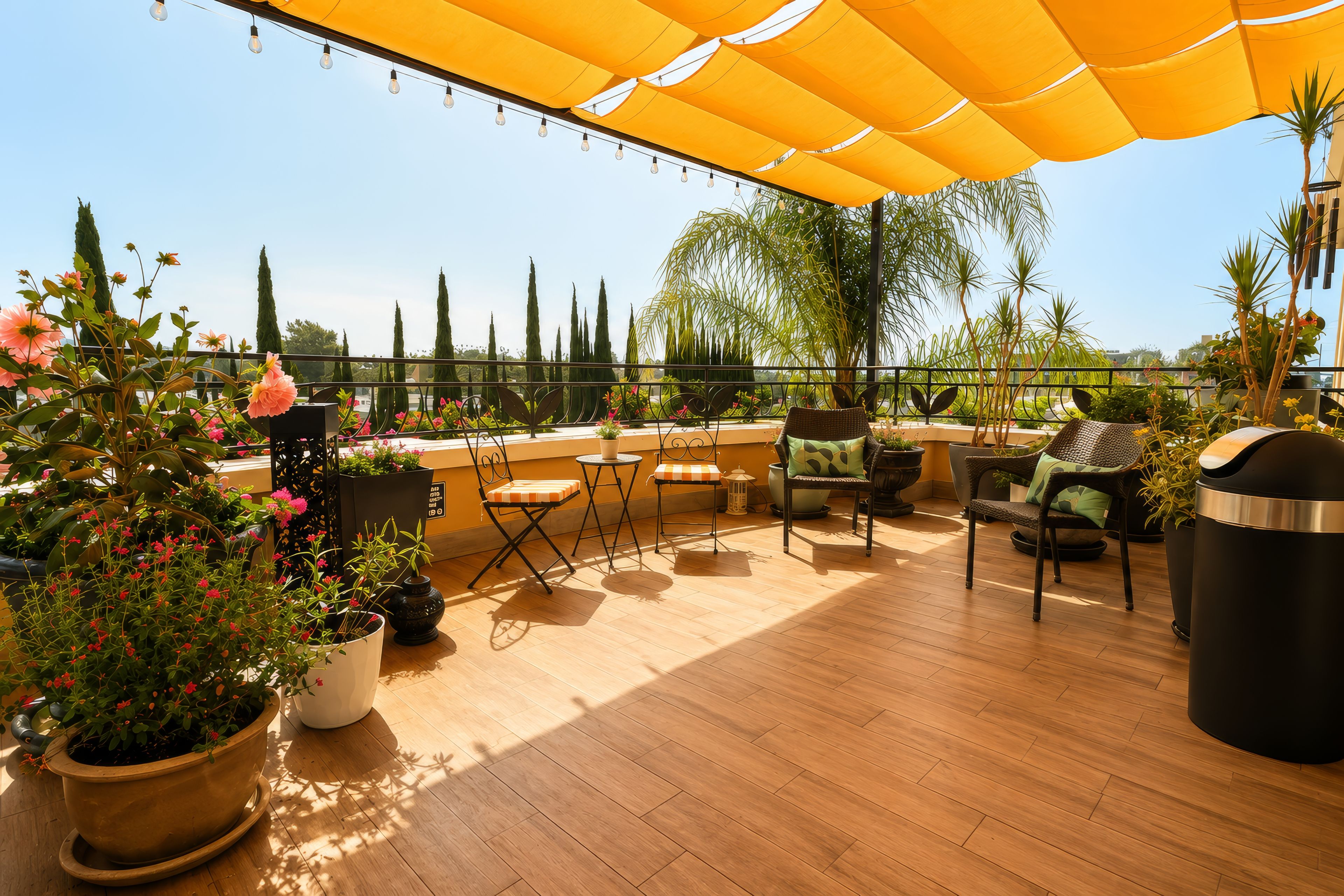 A rooftop terrace with outdoor seating, potted plants, and a view of the city skyline.