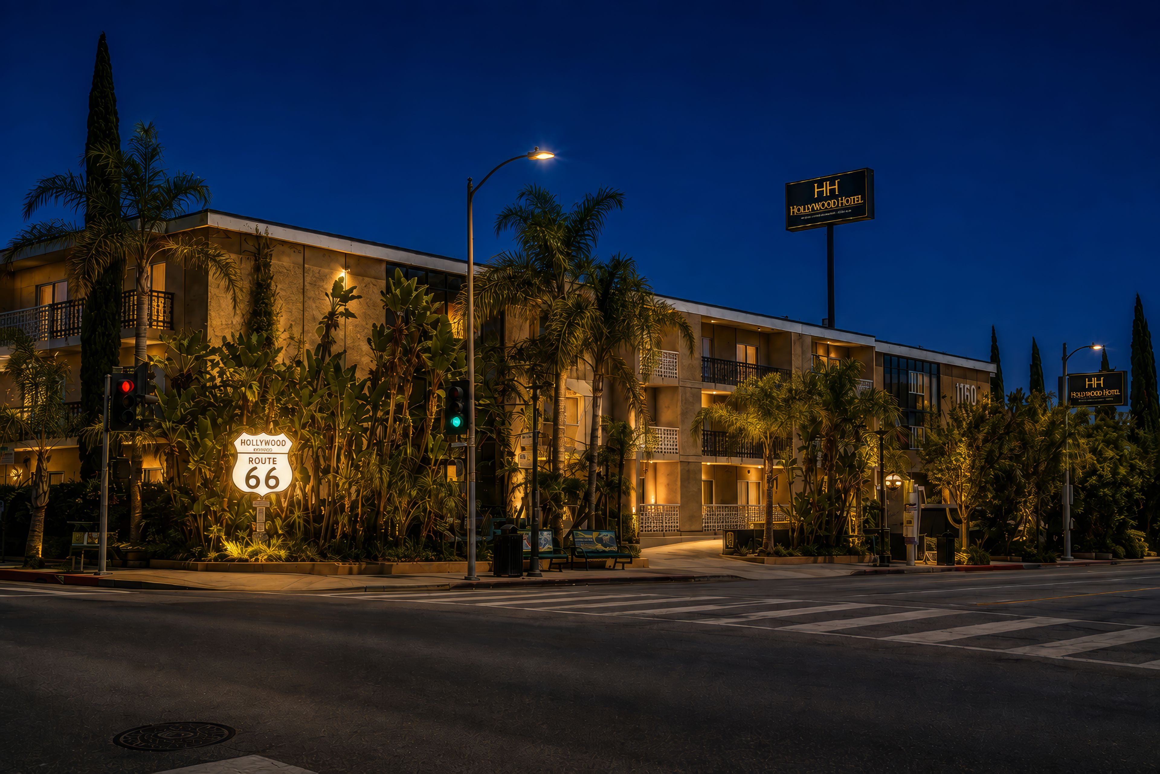 Un hotel con un cartel que indica Hollywood Route 66, una intersección y un semáforo.