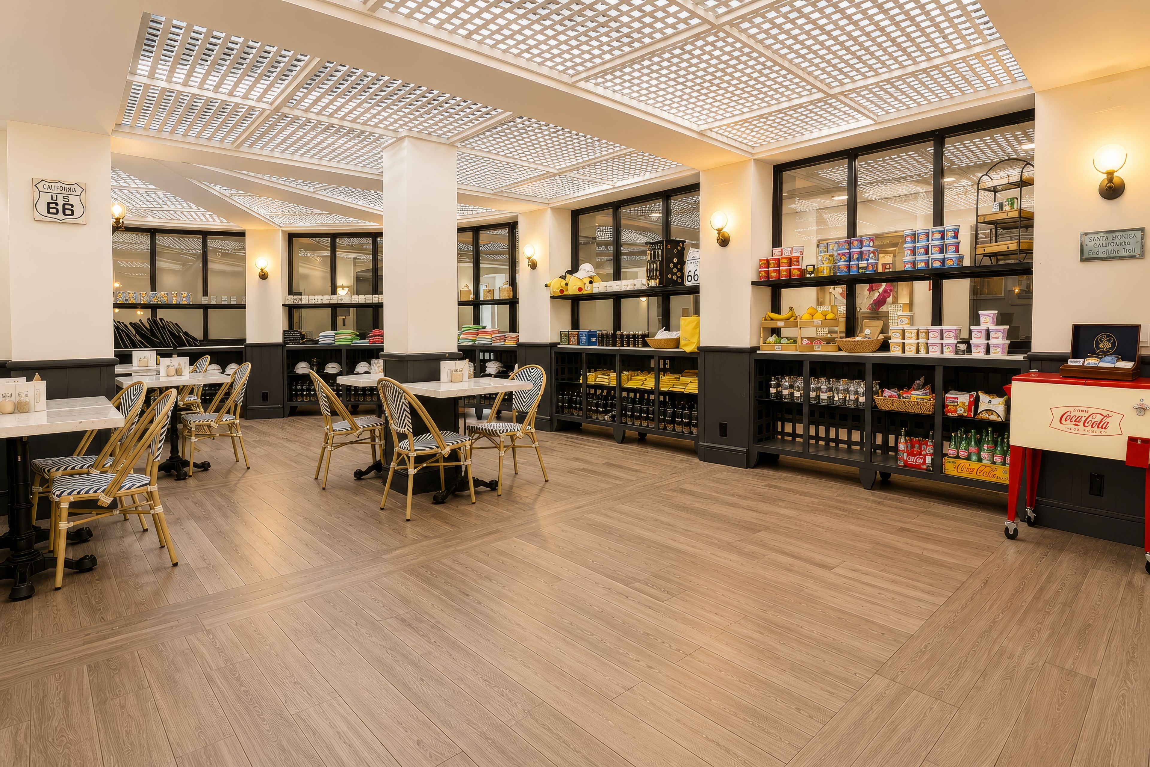 A restaurant interior with high ceilings, wooden flooring, and a variety of seating options including tables and chairs.