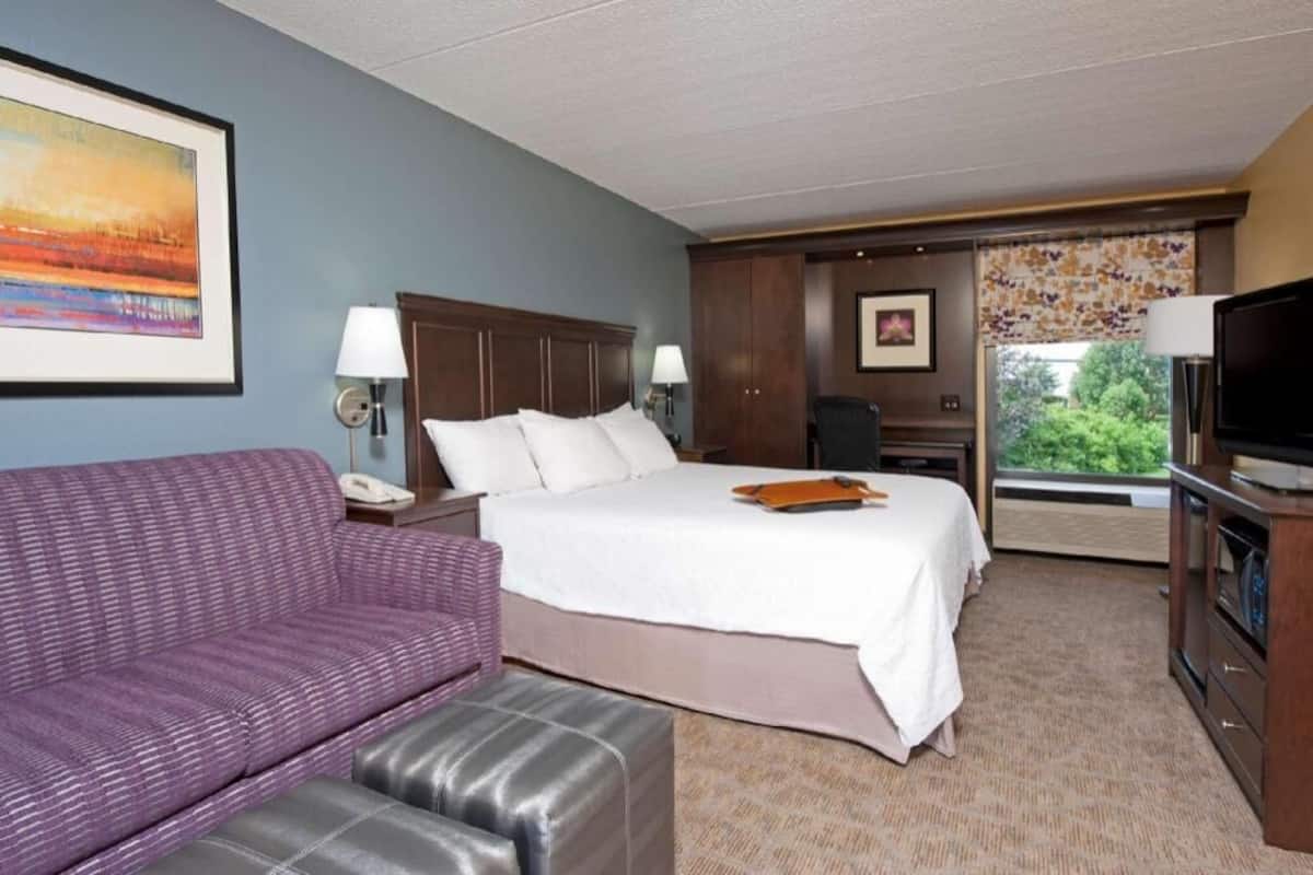 A hotel room with a bed, a sofa, a TV, and a window with a view.