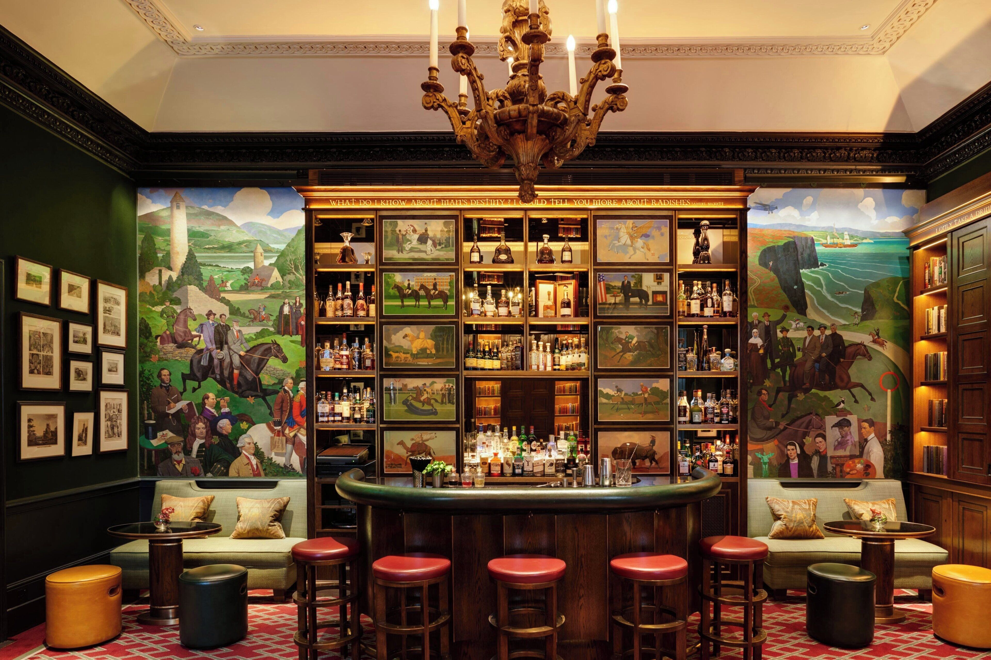 A bar area with a bar counter, stools, and a mural depicting a historical scene.