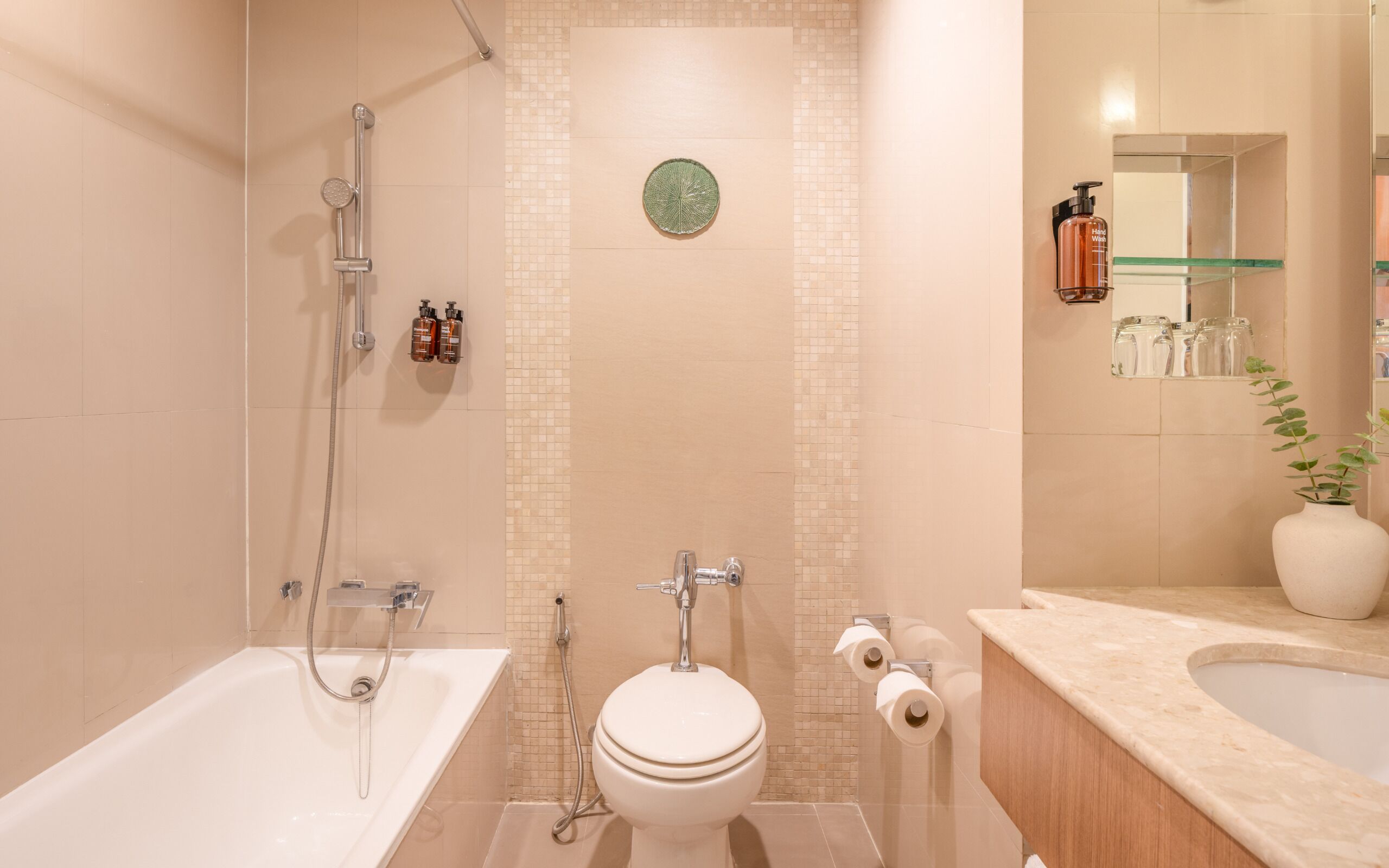 A modern bathroom with a bathtub, toilet, and shower. There is a green decorative plate on the wall, a hand soap dispenser, and a potted plant.