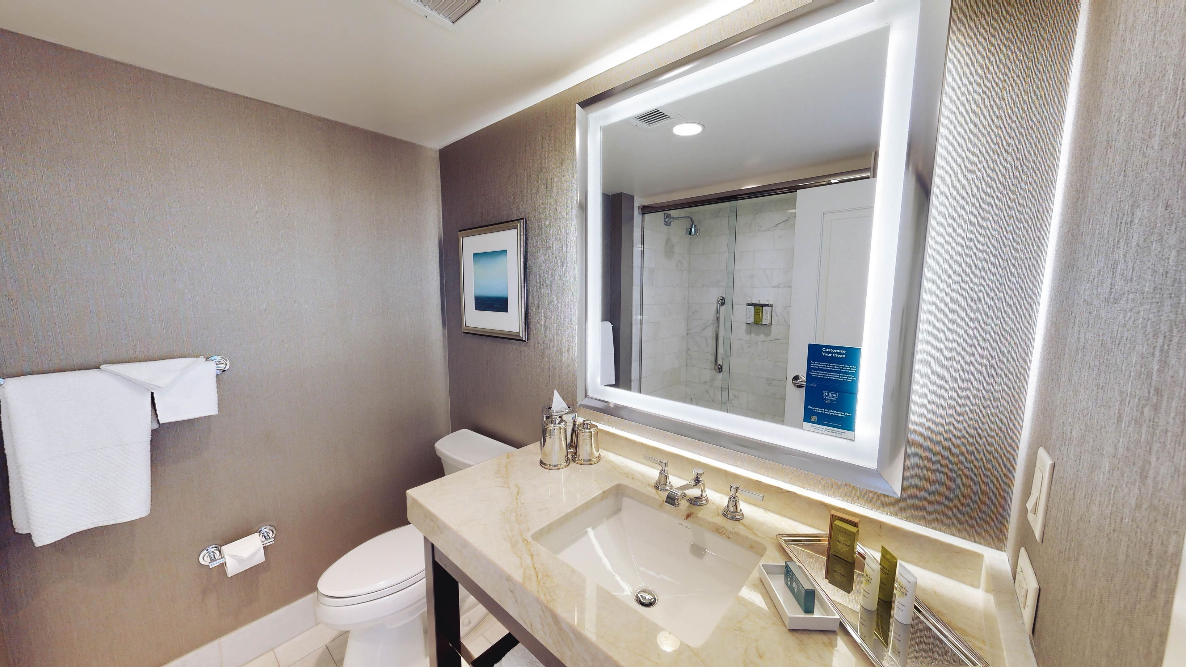 Un bagno d'albergo con uno specchio grande, un lavandino, un water e una doccia.