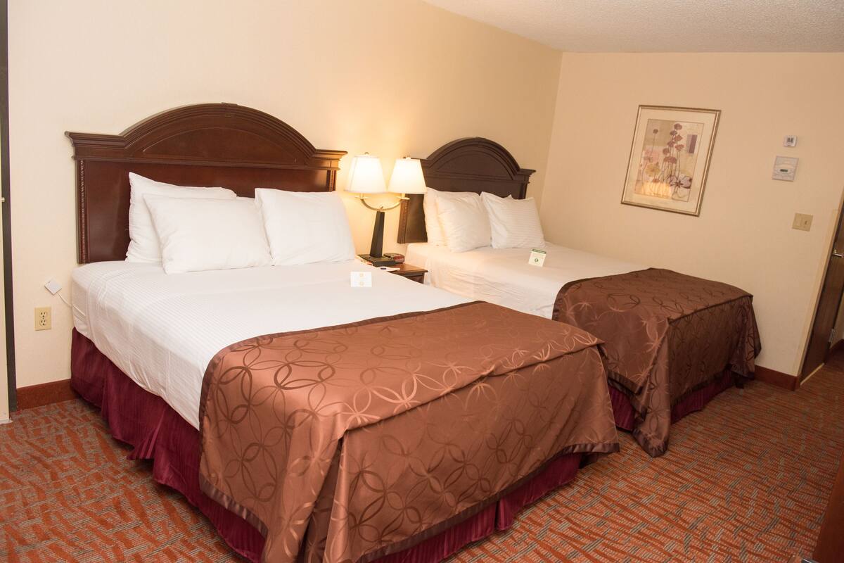 Habitación de hotel con dos camas, cada una con cabecero de madera, ropa de cama blanca y cubrecamas marrones. Entre las camas, hay una mesita de noche con dos lámparas.
