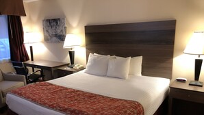 Hotelkamer met een groot bed, twee nachtkastjes, een bureau met stoel, een televisie en een schilderij aan de muur.
