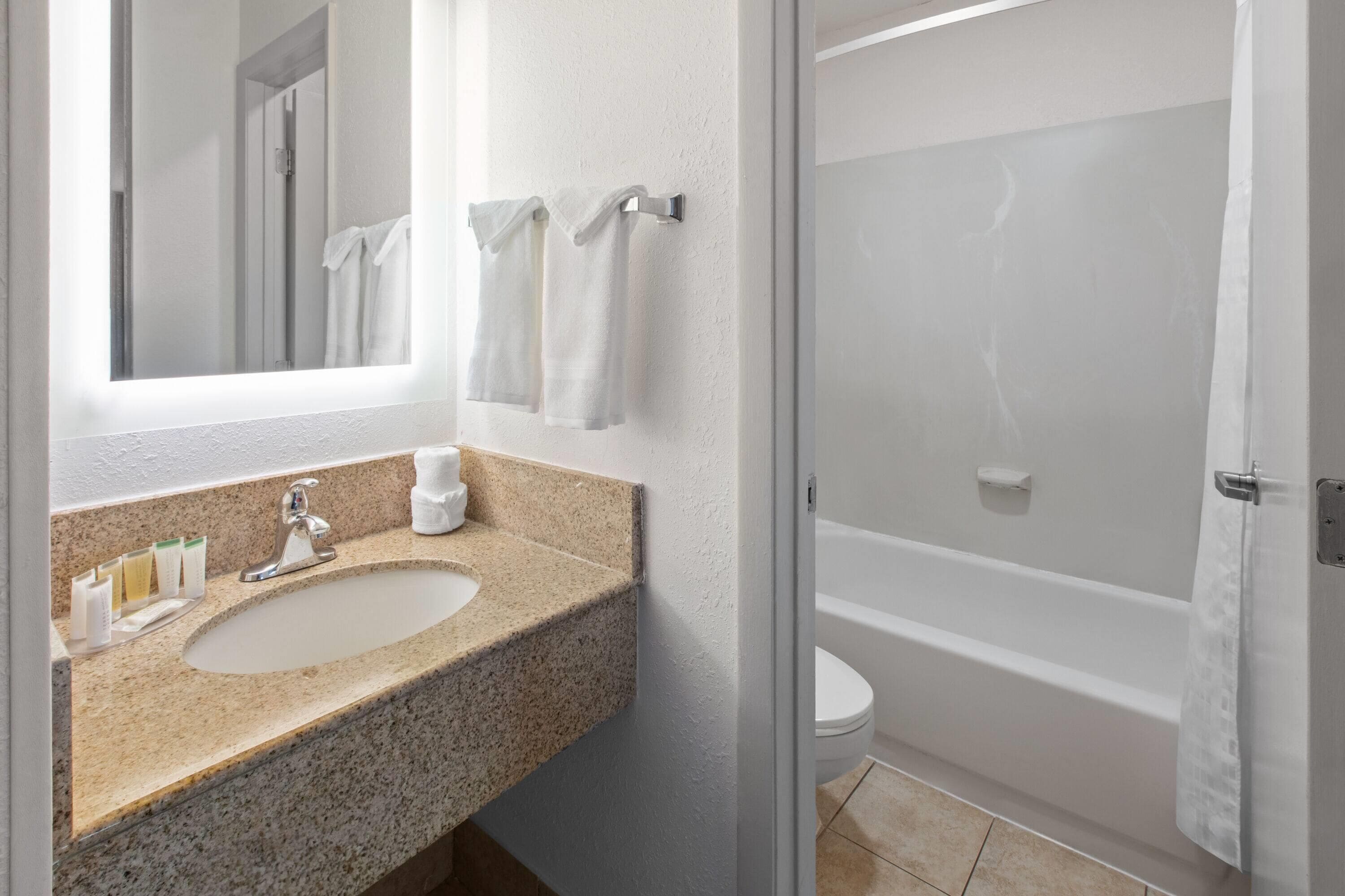 A bathroom with a granite countertop sink, a mirror, and a shower area.