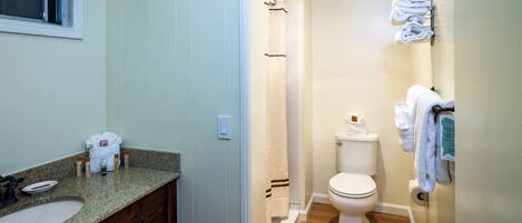 A bathroom with a sink, toilet, and shower.