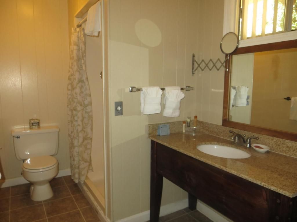 Ein Badezimmer mit Toilette, Dusche und Waschbecken.
