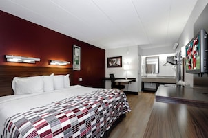 Habitación de hotel con cama, escritorio, silla, televisor y espejo.