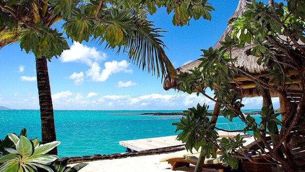 A beach scene with a thatched-roof hut, palm trees, and a wooden deck overlooking turquoise waters. - Paradise Cove Boutique Hotel - Adults only (Cap Malheureux)
