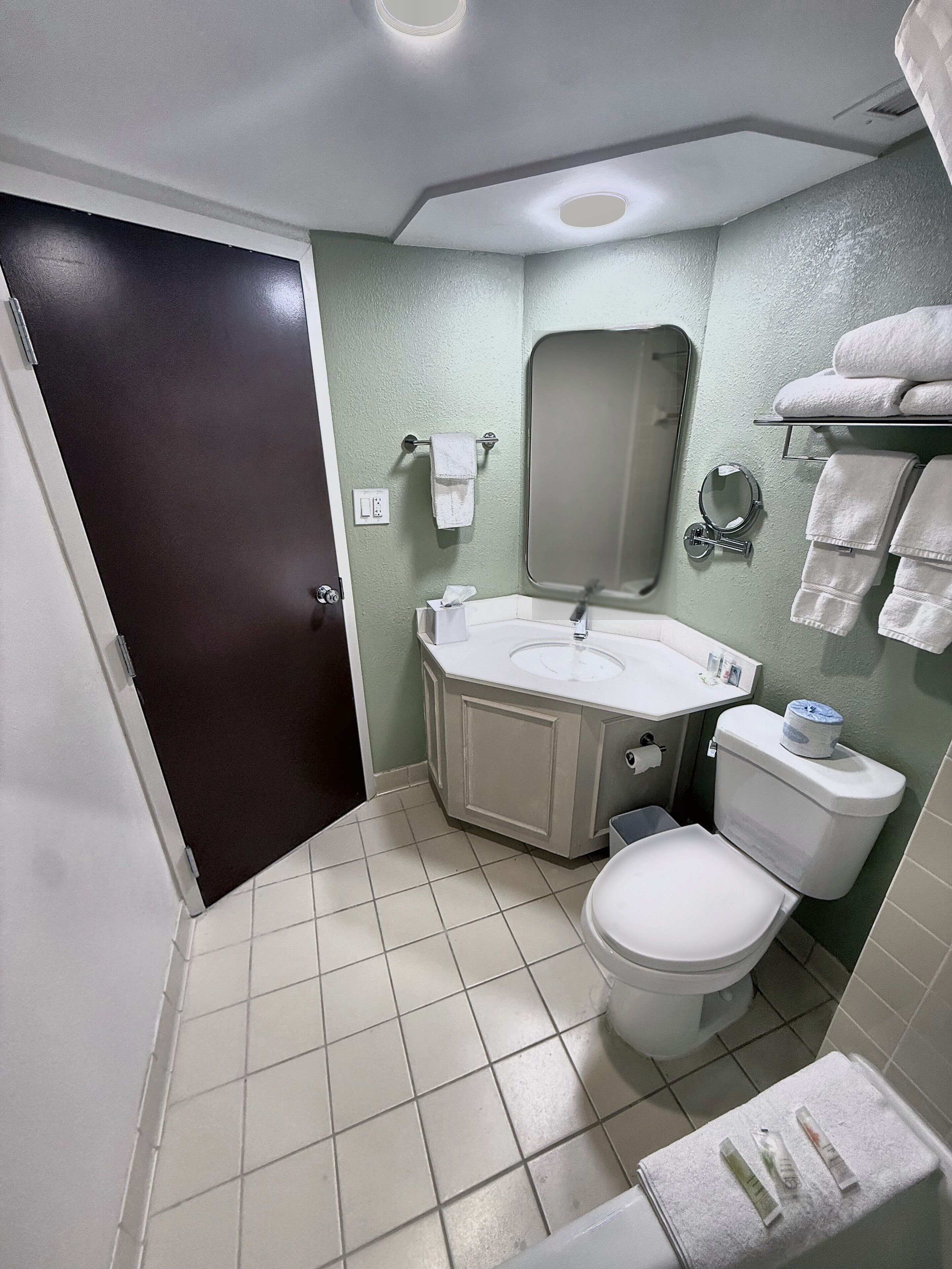 A bathroom with a toilet, sink, mirror, towel rack, and a door.