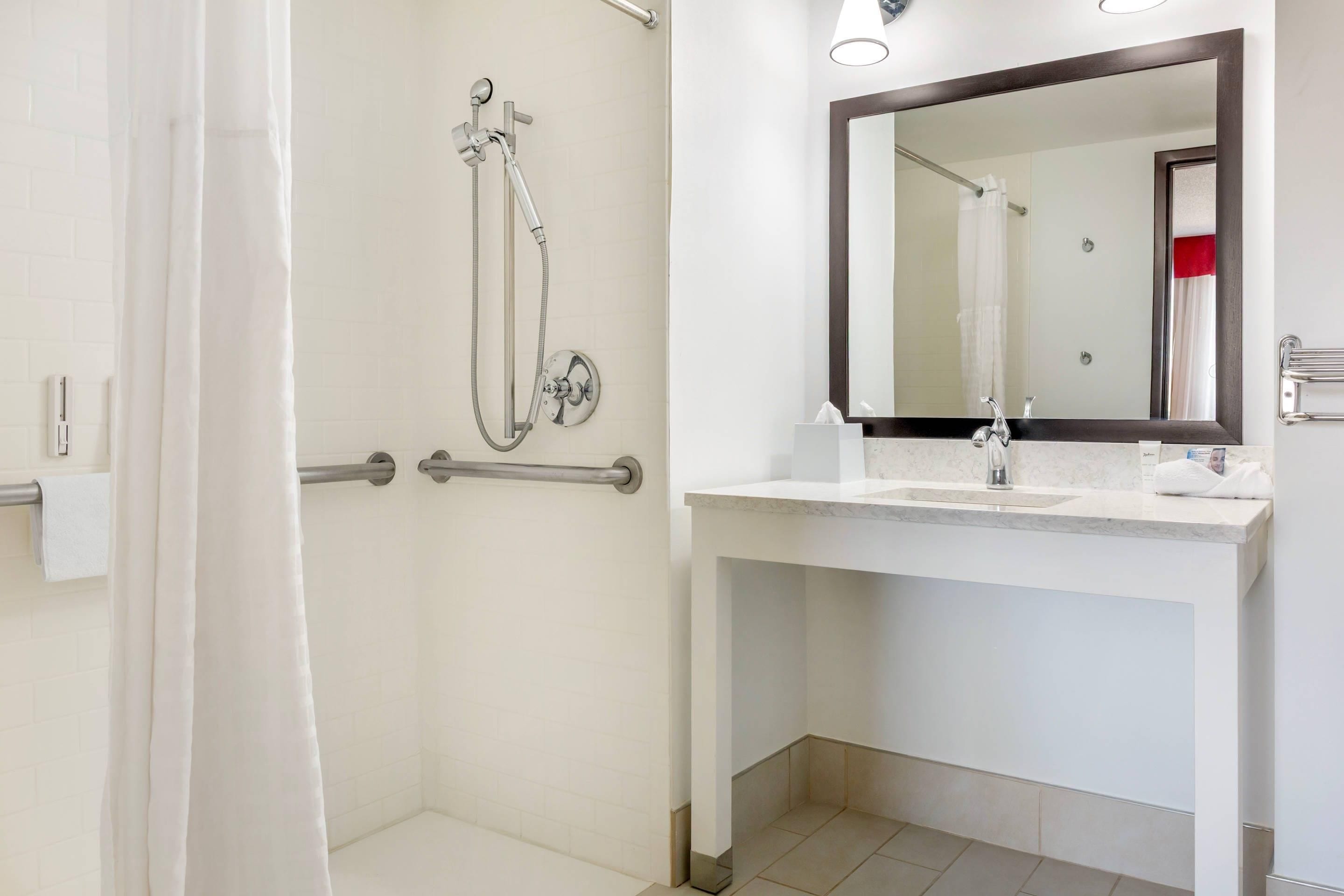 Une salle de bain avec une douche, un lavabo et un miroir.