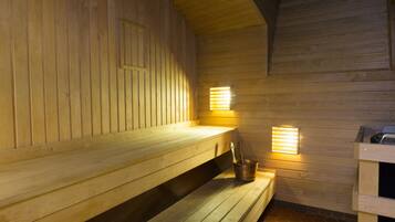 Un sauna avec des bancs en bois et des lampes fixées au mur.