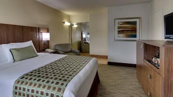 Habitación de hotel con una cama grande, un escritorio, una silla, un televisor y un cuadro en la pared.