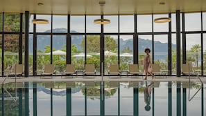 Indoor pool, outdoor pool, pool umbrellas, sun loungers