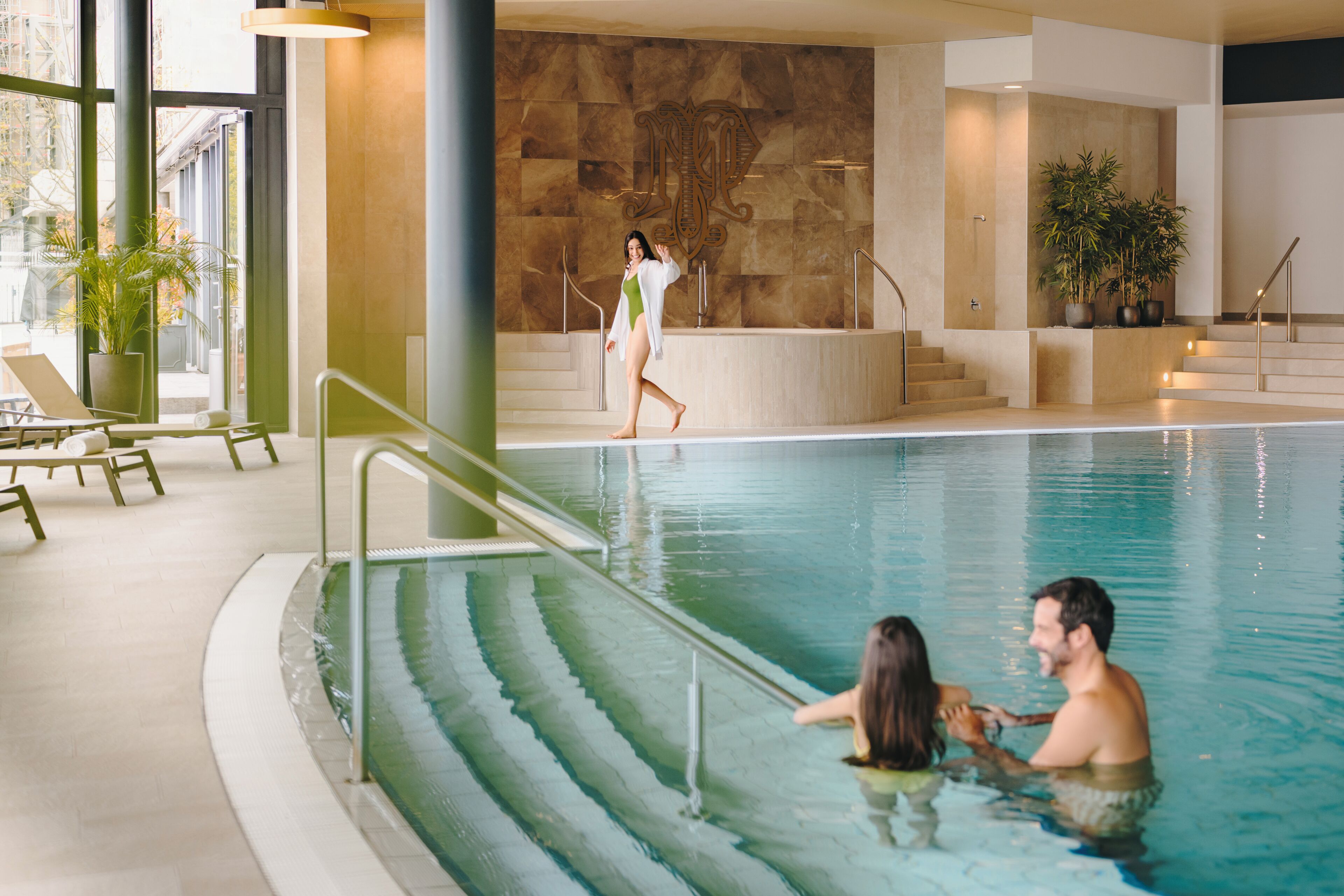 Indoor pool, outdoor pool, pool umbrellas, sun loungers