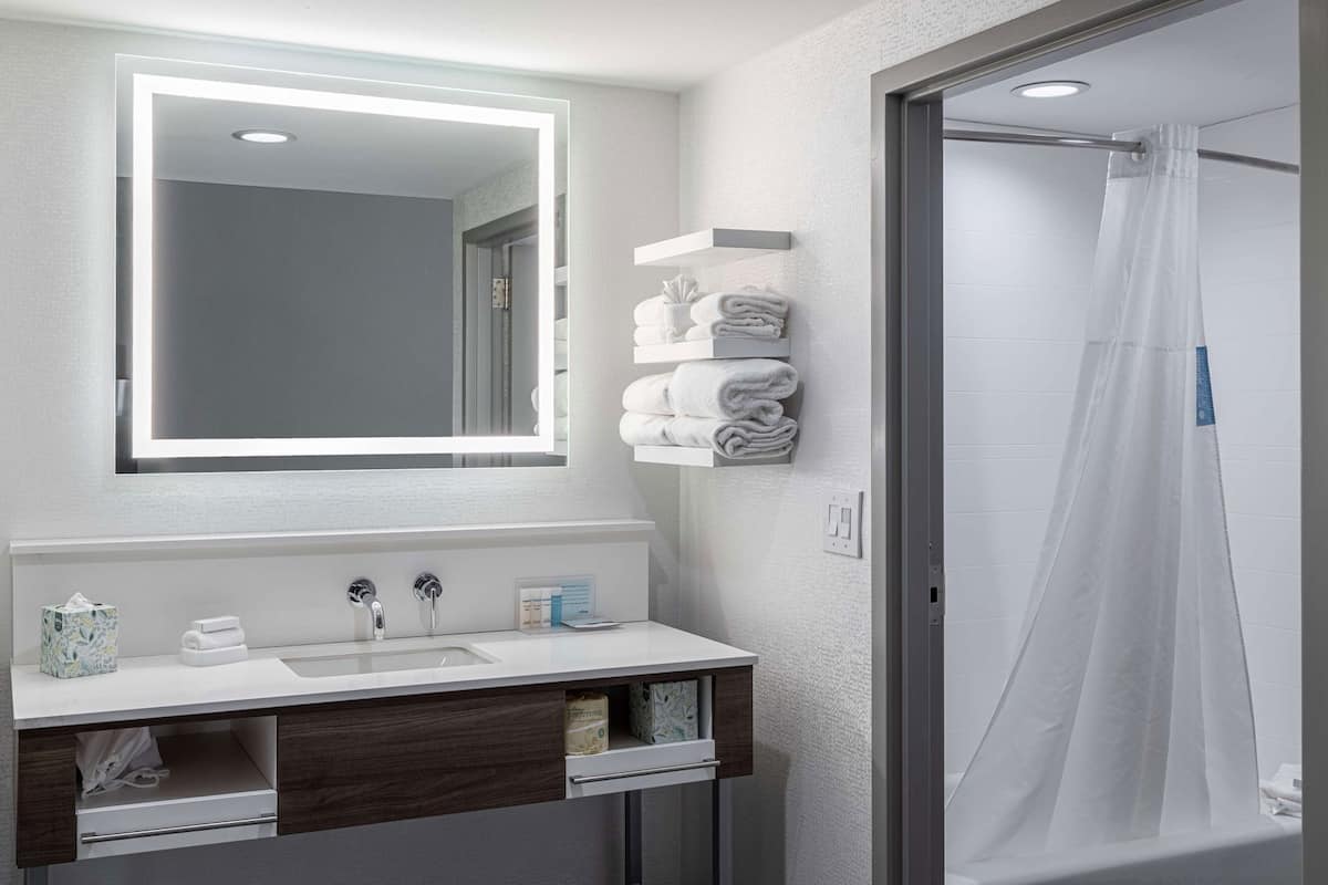 Un baño moderno con un espejo grande, un lavamanos, un perchero para toallas y una cortina de ducha.