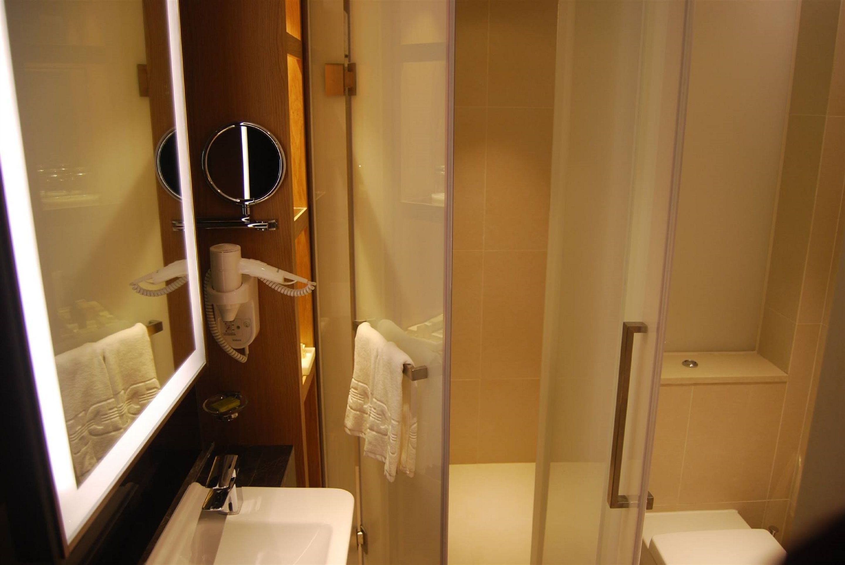 A bathroom with a glass shower enclosure, a mirror, and a towel rack.