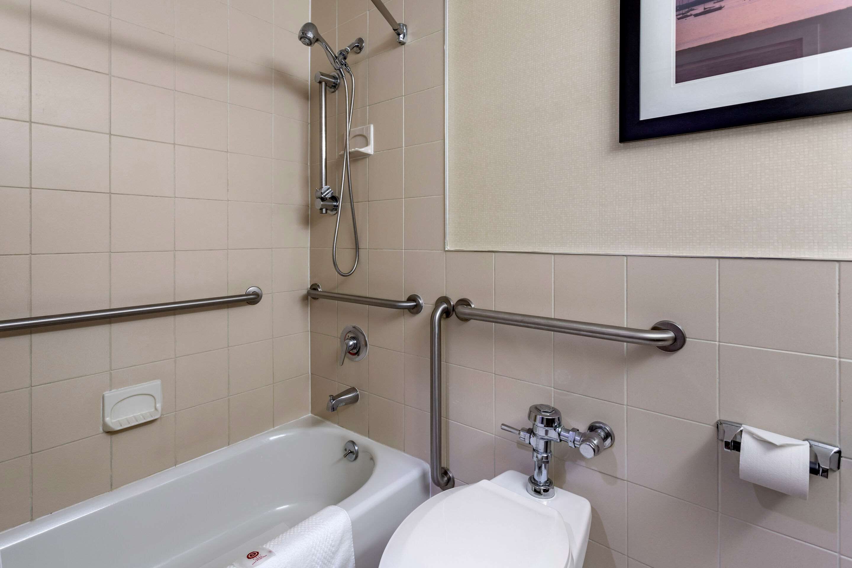 A bathroom with a bathtub, a toilet, a shower with grab bars, and a towel rack.