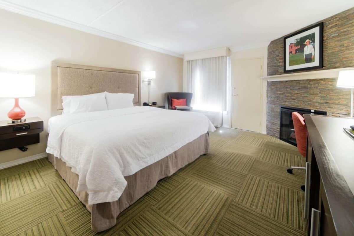 A hotel room with a large bed, a desk, a chair, a lamp, a fireplace, and a framed picture on the wall.