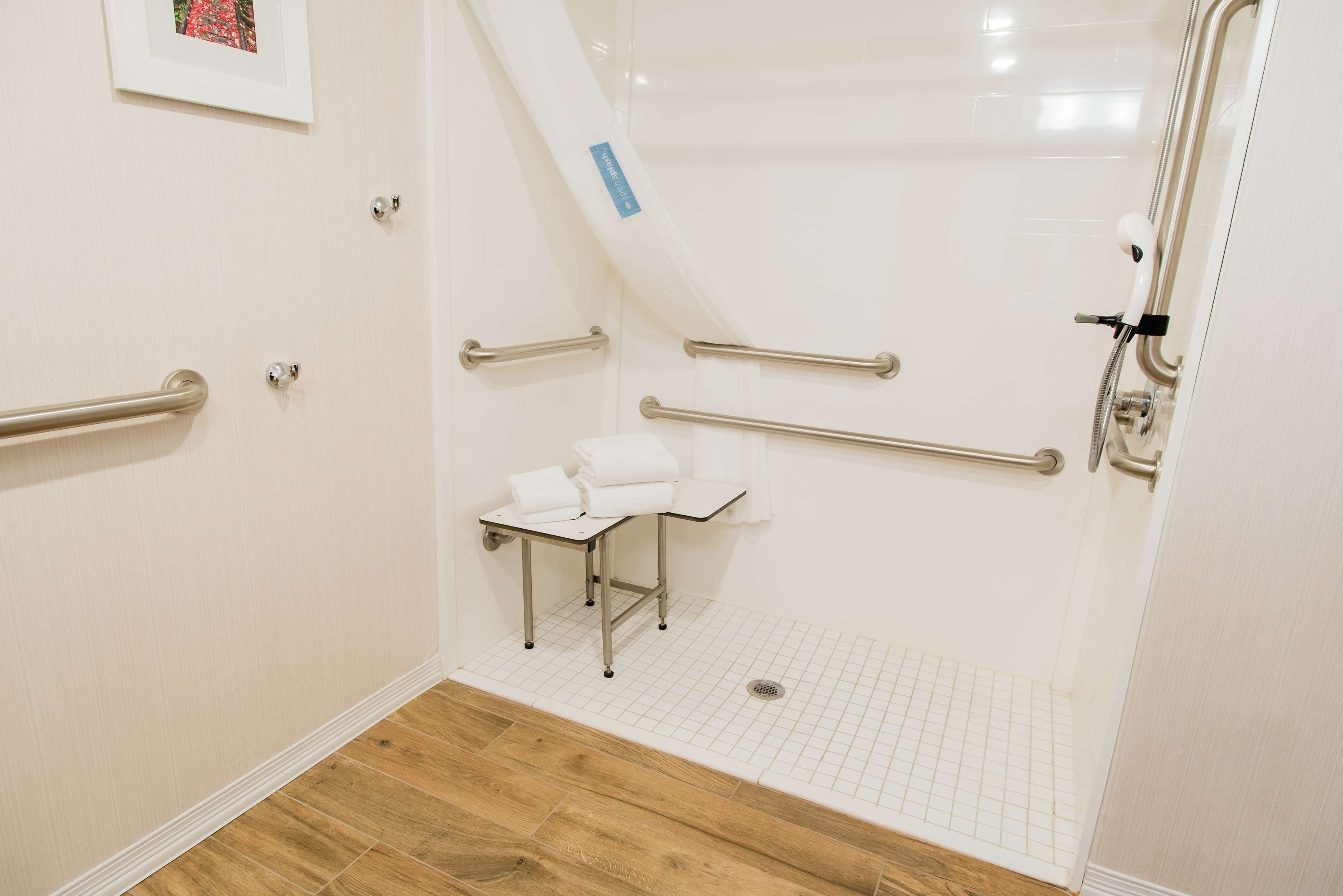 A bathroom with a shower, grab bars, a sink with a mirror, and a towel rack.