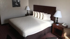 Une chambre d’hôtel avec un grand lit, deux tables de chevet avec des lampes, une chaise et une horloge murale.