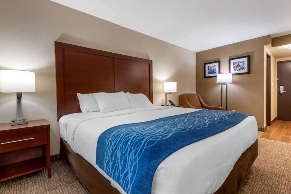 Una habitación de hotel con una cama grande, una mesita de noche, una silla y dos lámparas adosadas a la pared.