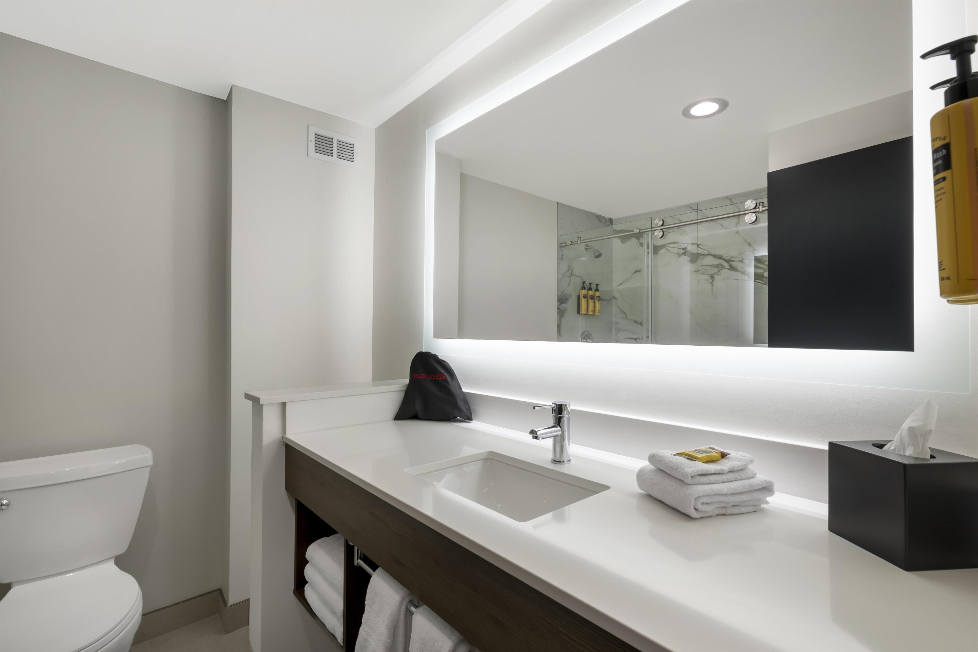 Une salle de bain moderne avec un lavabo blanc, un grand miroir et une cabine de douche en verre.