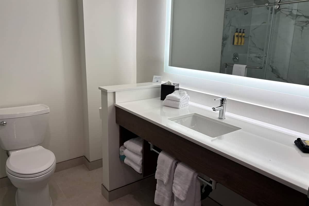 Een bad/douchecombinatie, designer toiletartikelen, een haardroger