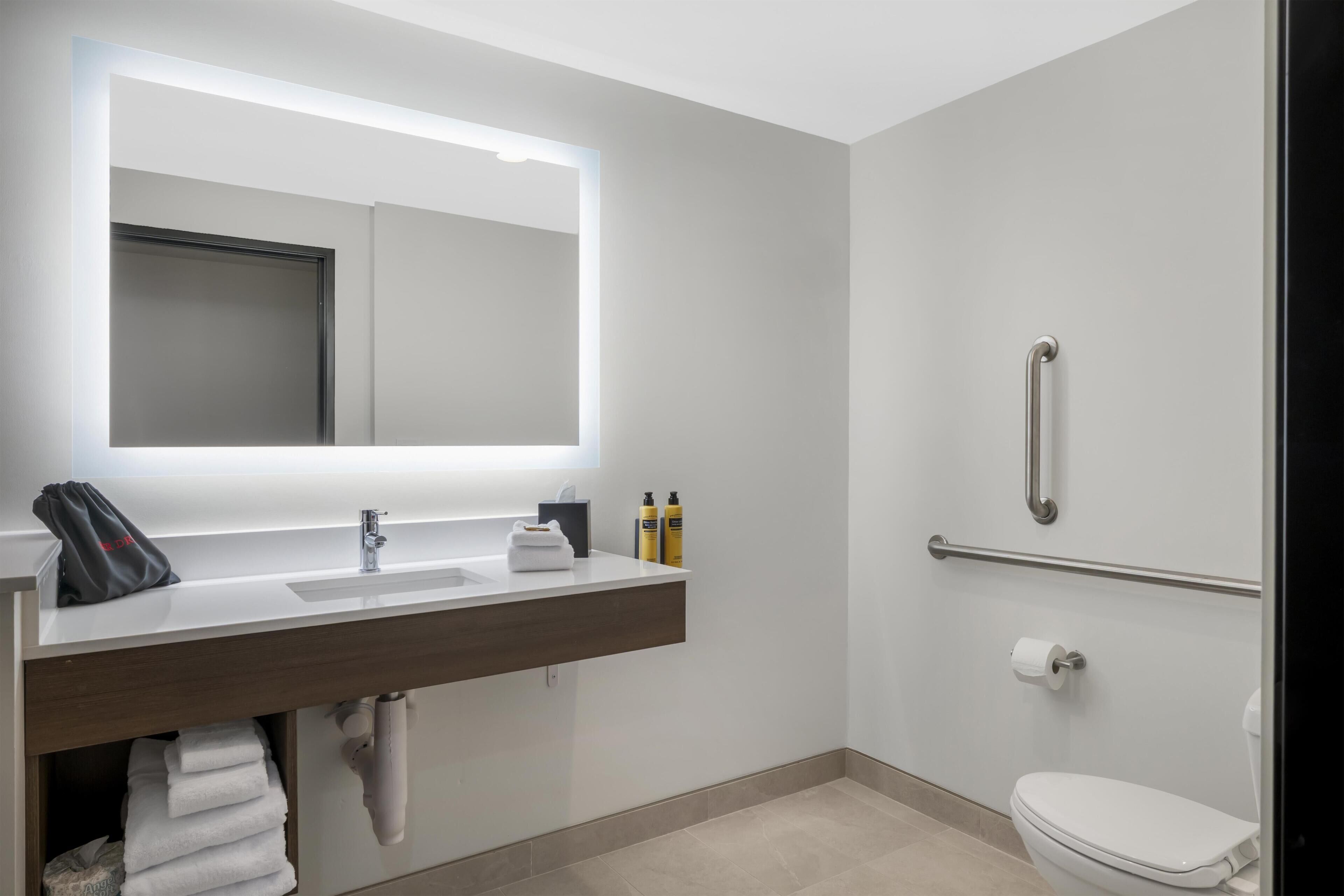 Un baño moderno con un espejo grande, un lavabo, un inodoro y una zona de ducha.