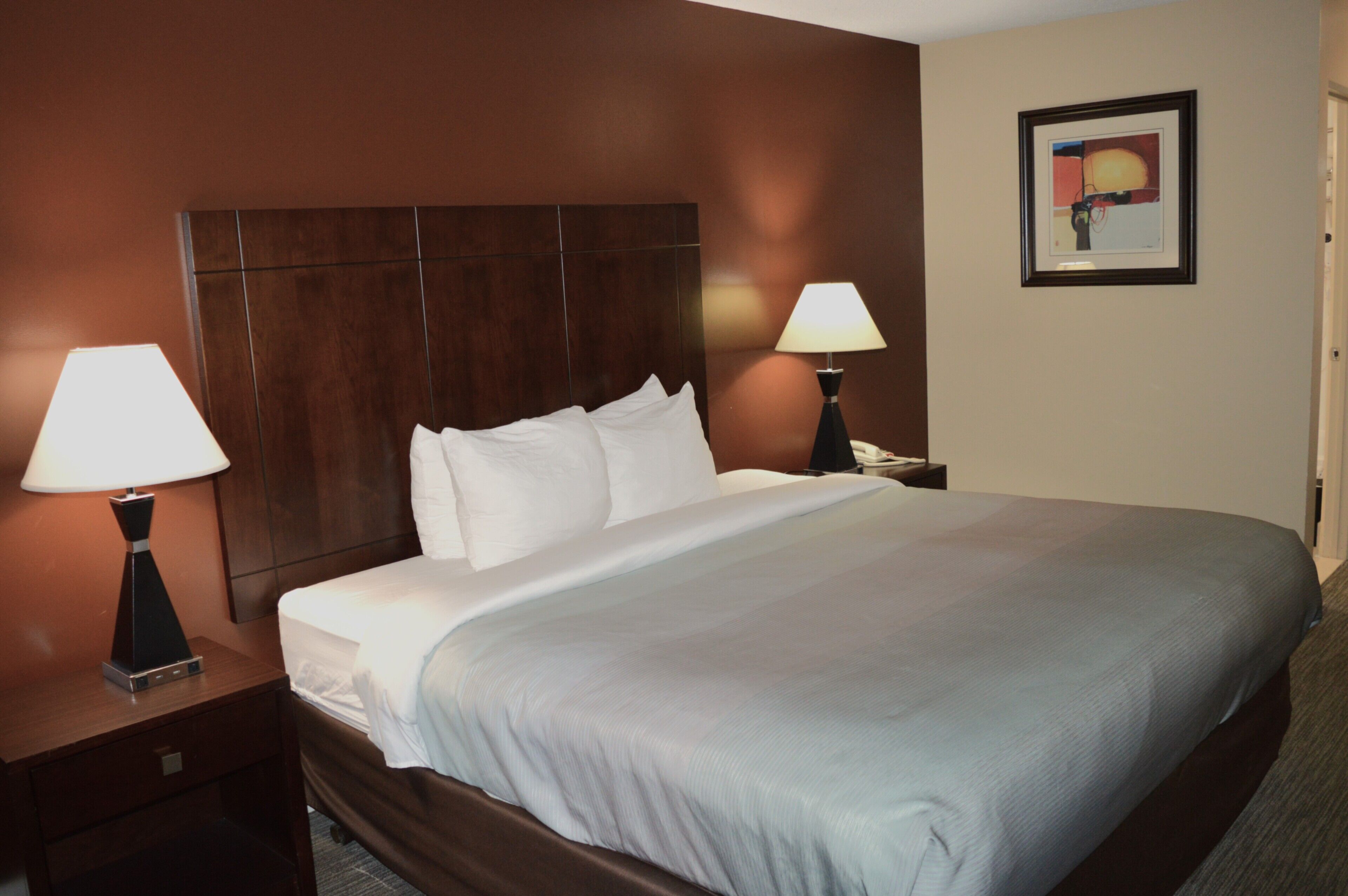 A hotel room with a large bed, two bedside tables with lamps, a framed picture on the wall, and a wooden headboard.