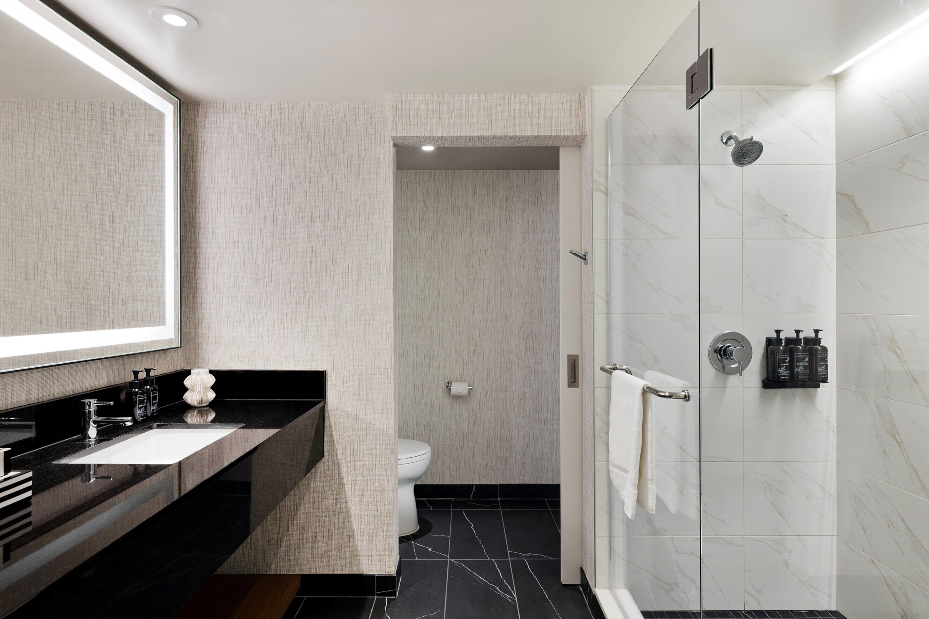 Une salle de bain moderne avec un lavabo sur un plan de toilette noir, un grand miroir, des toilettes et un espace douche doté d’une porte en verre.